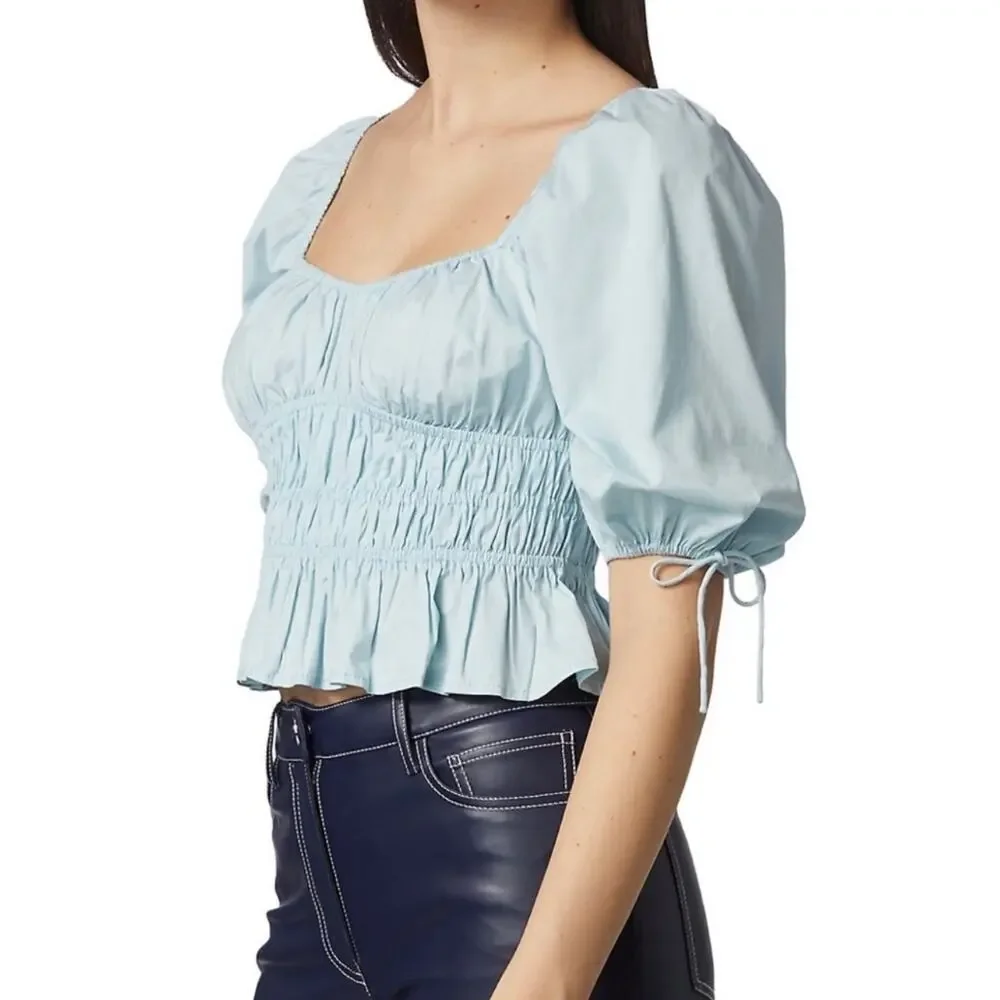 STAUD Blouse Light Blue Faye Gathered Puff-Sleeve Cotton Stretch New